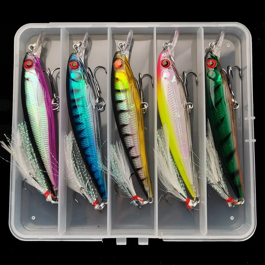 Fishing Equipment Lures - 3Dレーザーアイミノールアー,フェザー付きハードベイト,最大キャッチ,5ピース/箱,13.3g/6.8g